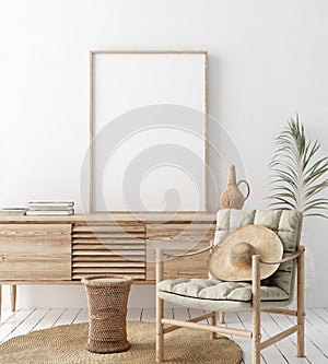 Mock up frame in home interior background, white room with natural wooden furniture, Scandi-Boho style