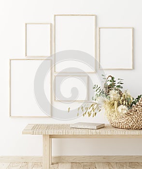 Mock up frame in home interior background, white room with natural wooden furniture, Scandi-Boho style