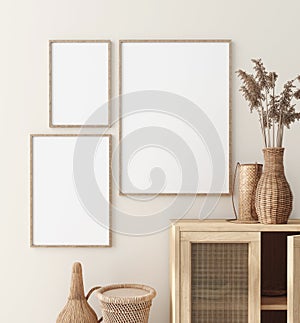 Mock up frame in home interior with rattan furniture, Scandi-boho style