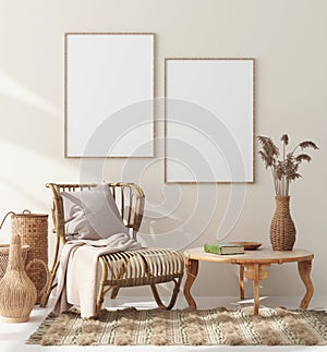 Mock up frame in home interior with rattan furniture, Scandi-boho style photo