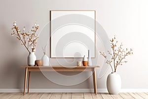 Mock up frame in home interior with table furniture, Scandi-boho style. Generated AI