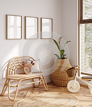 Mock up frame in neutral unisex children room interior background