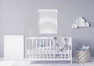 Mock up frame in newborn bedroom, two white frames on gray background interior