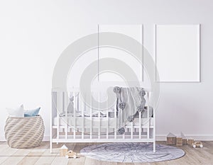 Mock up frame in newborn bedroom, two white frames on gray background interior