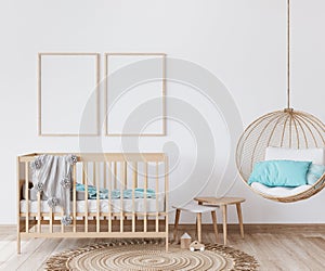 Mock up frame in nursery newborn bedroom, wooden crib in Scandinavian interior design