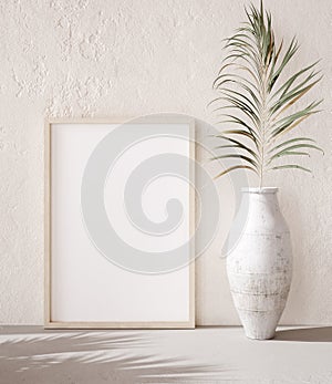 Mock up frame with palm branch in a pot close up, nomadic style