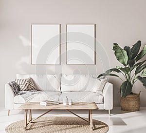 Mock up frame poster in Scandinavian living room with beige sofa photo