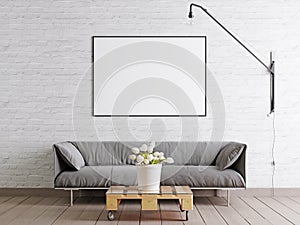 Mock up frame poster in scandinavian style livingroom with fabric sofa, lamp and plant in bucket on white wall background.