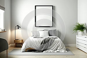 Mock up frame, wall in bedroom interior, Scandinavian style,