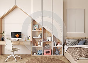 Mock up frame wall child room. Wood interior with bed and workplace. Interior design scandinavian style. 3d rendering