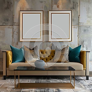Mock up frame on a wall in luxurious room in teal and gold tones.