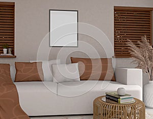Mock up frame on the wall in modern living room, 3D rendering, 3D illustration