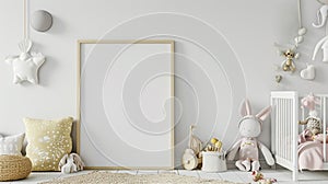 Mock up frame in white cozy children room interior background, Scandinavian style. AI Generative