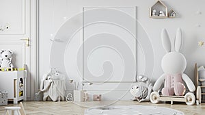 Mock up frame in white cozy children room interior background, Scandinavian style. AI Generative