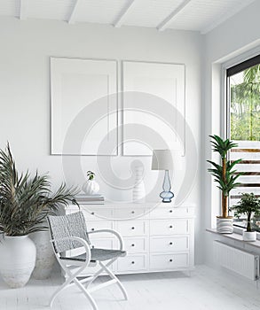 Mock up frame in white cozy tropical bedroom interior, Coastal style