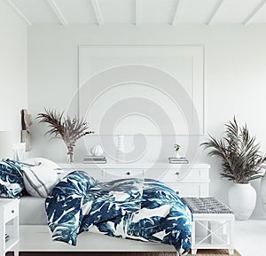 Mock up frame in white cozy tropical bedroom interior, Coastal style photo