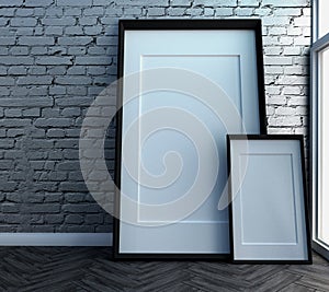 Mock up frames on brick wall and wooden wooden floor. 3D rendering