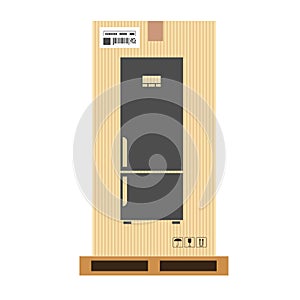Mock up of Fridge in carton box. Moving and delivery services. Vector illustration