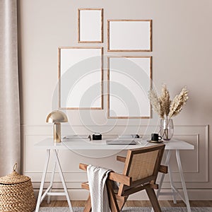 Mock up gallery wall in Scandinavian interior background, rattan chair and white desk in home office room design