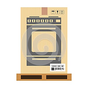 Mock up of gas stove in carton box. Moving and delivery services. Vector illustration