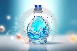 A mock-up of a glass bottle with a blue oval label, splashes and drops of red liquid on a dark table