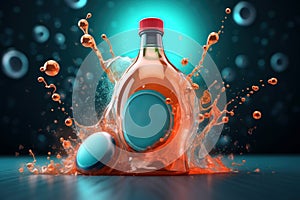 A mock-up of a glass bottle with a blue oval label, splashes and drops of red liquid on a dark table. A transparent bottle with a