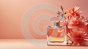 Mock up of glass bottle of perfume with flowers on pastel background. Peach Fuzz color