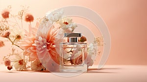 Mock up of glass bottle of perfume with flowers on pastel background. Peach Fuzz color