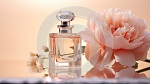 Mock up of glass bottle of perfume with flowers on pastel background. Peach Fuzz color