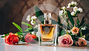 Mock-up of glass perfume bottle with beautiful flowers on table. Floral aroma