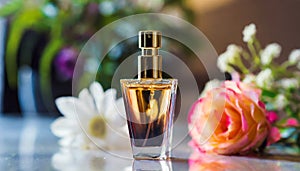 Mock-up of glass perfume bottle with beautiful flowers on table. Floral aroma