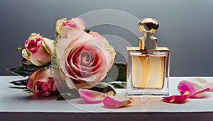 Mock-up of glass perfume bottle with beautiful flowers on table. Floral aroma