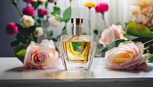 Mock-up of glass perfume bottle with beautiful spring flowers. Floral aroma
