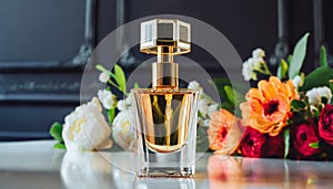 Mock-up of glass perfume bottle with beautiful spring flowers. Floral aroma