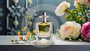 Mock-up of glass perfume bottle with beautiful spring flowers. Floral aroma