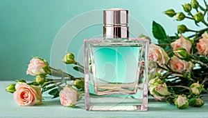 Mock-up of glass perfume bottle with beautiful spring flowers on table. Floral aroma