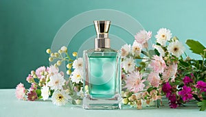 Mock-up of glass perfume bottle with beautiful spring flowers on table. Floral aroma