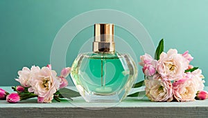 Mock-up of glass perfume bottle with beautiful spring flowers on table. Floral aroma