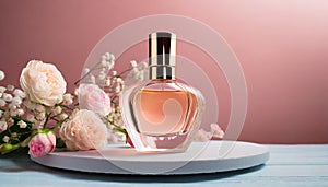Mock-up of glass perfume bottle with beautiful spring flowers on table. Floral aroma