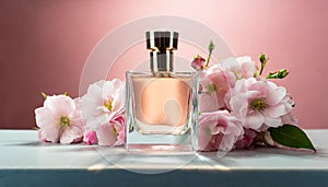 Mock-up of glass perfume bottle with beautiful spring flowers on table. Floral aroma