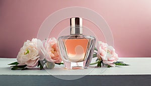 Mock-up of glass perfume bottle with beautiful spring flowers on table. Floral aroma