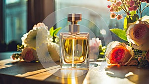 Mock-up of glass perfume bottle with beautiful spring or summer flowers on table. Floral aroma