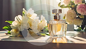 Mock-up of glass perfume bottle with beautiful spring or summer flowers on table. Floral aroma