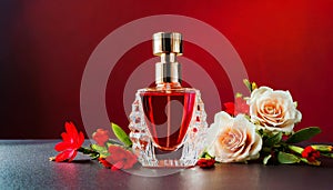 Mock-up of glass perfume bottle with beautiful spring or summer flowers on table. Floral aroma