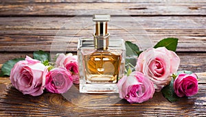 Mock-up of glass perfume bottle with pink rose flowers. Floral aroma