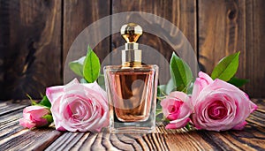 Mock-up of glass perfume bottle with pink rose flowers. Floral aroma