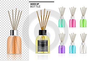 Mock up Glossy Transparent Reed diffuser Bottle with Perfume oil Product Branding Advertising with Pastel Colour. Relax