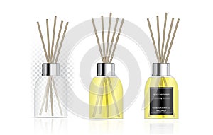 Mock up Glossy Transparent Reed diffuser Bottle with Perfume oil Product Branding Advertising. Relax merchandise Background