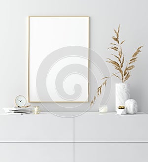 Mock up golden frame in white interior with simple modern decor, Scandinavian style