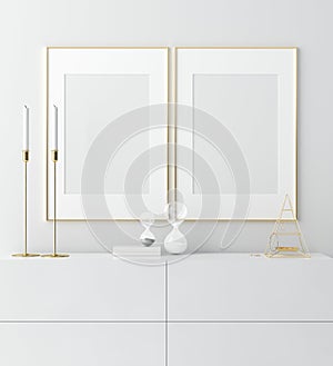 Mock up golden frame in white interior with simple modern decor, Scandinavian style